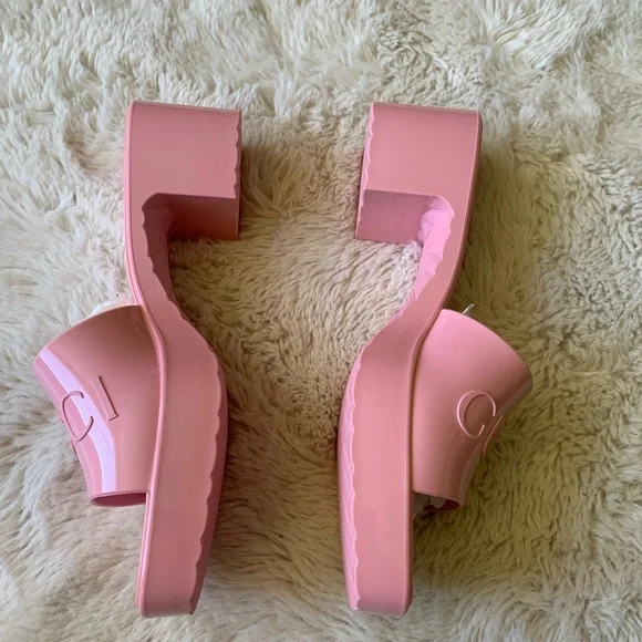 New GUCCI Wild Rose Pink Rubber GG Logo Slides Heel Mules Sandals Women’… - Picture 11 of 12